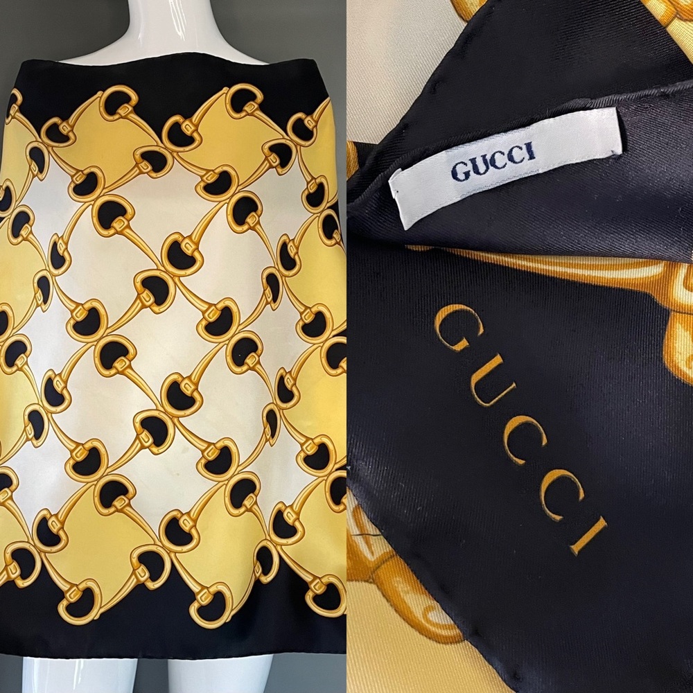 Gorg Gucci Scarf Yellow Gold Black Print 26 In Sq Silk Very Good Condition